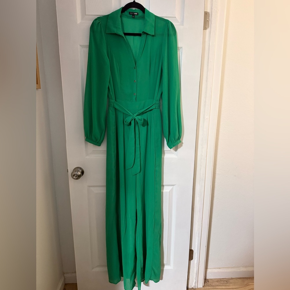 EUC Fashion Nova Vibrant Green Long Sleeve Jumpsuit
